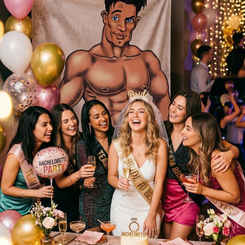 Pin the Junk on the Hunk Bachelorette Party Game Kit – Funny Girls Night & Bridal Shower Game with Large Poster, Blindfold & Stickers, Party Icebreaker