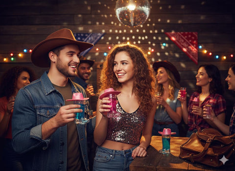 Western Disco Boot Shot Glasses w/ Glitter Hat – Mini Cowboy Boot Cups 5 Pack