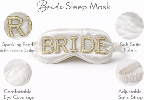 Bride Eye Mask White Pearl Design – Soft Fabric Sleep Mask for Wedding, Bridal Shower, Bachelorette Party, Honeymoon Relaxation & Travel Gift