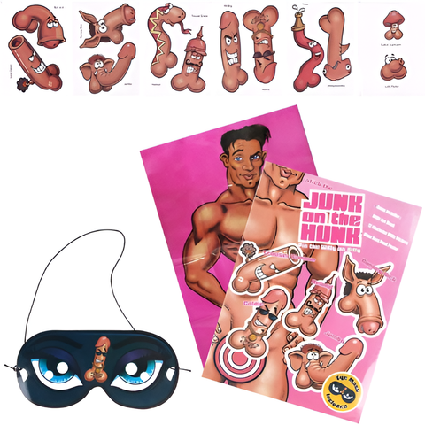 Pin the Junk on the Hunk Bachelorette Party Game Kit – Funny Girls Night & Bridal Shower Game with Large Poster, Blindfold & Stickers, Party Icebreaker