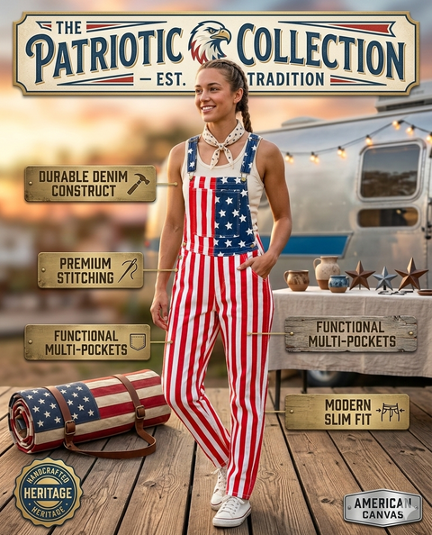 Women American Flag Bib Overalls Jumpsuit – Slim Fit Patriotic Striped Coveralls, Casual Denim Dungarees, Festival Outfit Stylish Women Romper - Small