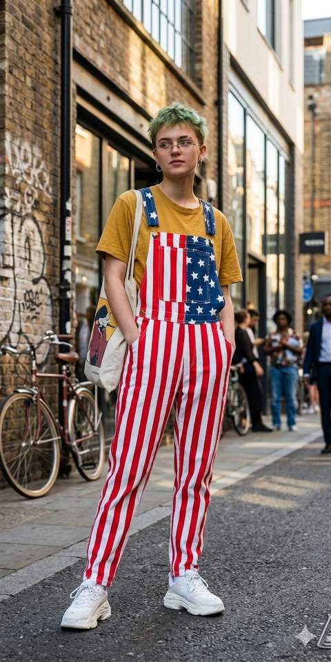 Women American Flag Bib Overalls Jumpsuit – Slim Fit Patriotic Striped Coveralls, Casual Denim Dungarees, Festival Outfit Stylish Women Romper - Small