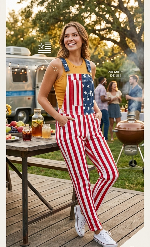 Women American Flag Bib Overalls Jumpsuit – Slim Fit Patriotic Striped Coveralls, Casual Denim Dungarees, Festival Outfit Stylish Women Romper - Small