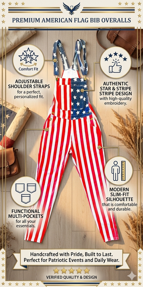 Women American Flag Bib Overalls Jumpsuit – Slim Fit Patriotic Striped Coveralls, Casual Denim Dungarees, Festival Outfit Stylish Women Romper - Small