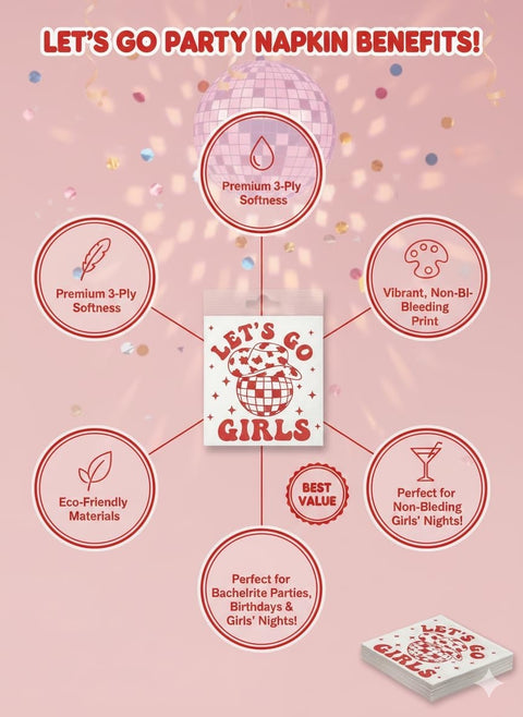 Bachelorette Party Napkins 20 Pack – Let’s Go Girls Disposable Cocktail Napkins for Bridal Shower, Girls Night, Birthday Party Decorations & Supplies