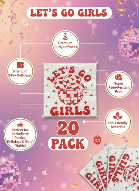 Bachelorette Party Napkins 20 Pack – Let’s Go Girls Disposable Cocktail Napkins for Bridal Shower, Girls Night, Birthday Party Decorations & Supplies