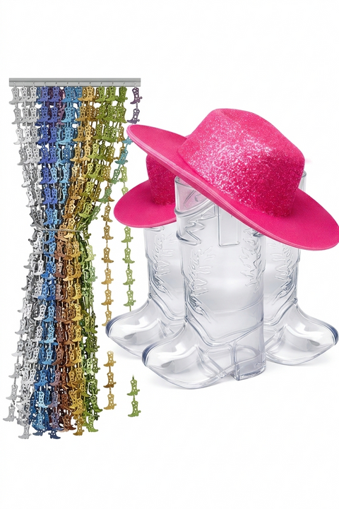 Cowboy Boot Shot Glasses with Hats + Western Curtain Bundle Party Decor Set