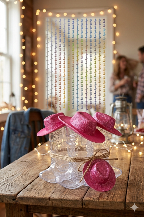 Cowboy Boot Shot Glasses with Hats + Western Curtain Bundle Party Decor Set